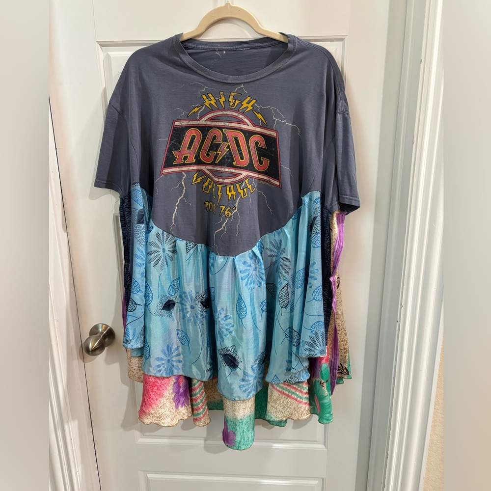 AC/DC repurposed Graphic Tee by The Morgan Factory - Gray and Blue XL-2X